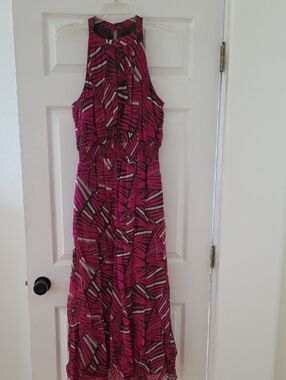 Anthropologie Fuchsia Geometric Halter Maxi Dress